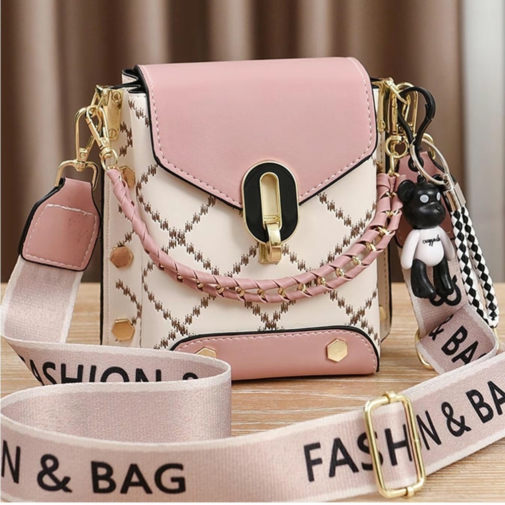 Fashionable Geometric Crossbody Bag In Deep Pink With Charm